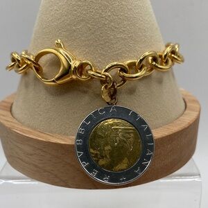 Rare Vintage Milor Yellow Bronze Rolo Link 500 Lire Coin Charm Bracelet